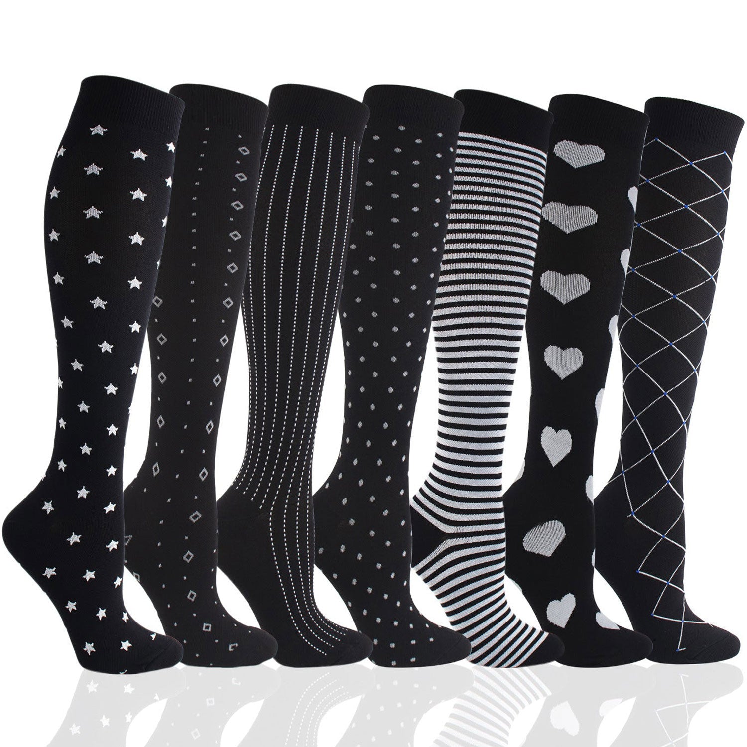 7 Pairs 20–30 mmHg Knee-High Compression Socks for Men & Women, Sports Stockings for Hiking, Outdoor Activities & Nurses