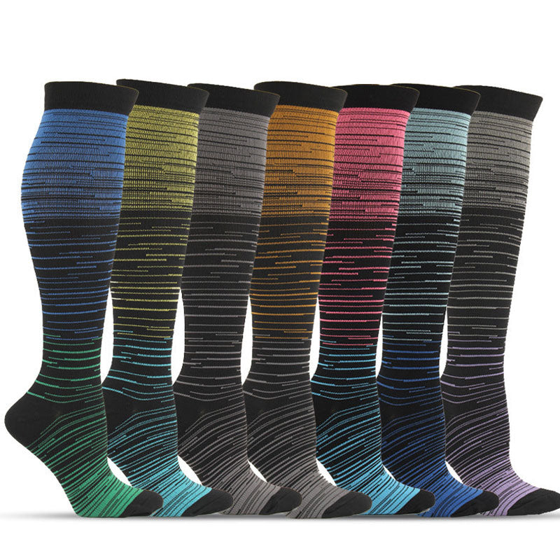 7 Pairs 20–30 mmHg Knee-High Compression Socks for Men & Women, Strip Sports Stockings for Travel, Flights & Cycling