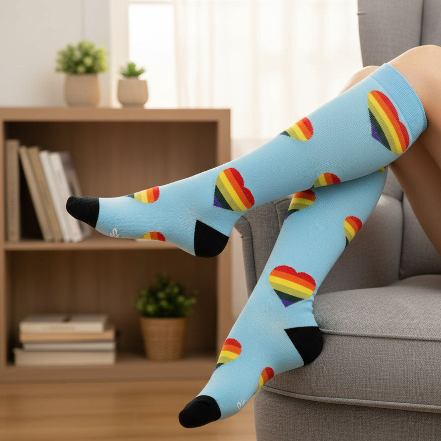 Knee-High Compression Socks Heart Pattern Sports Recovery Stockings for Women & Men