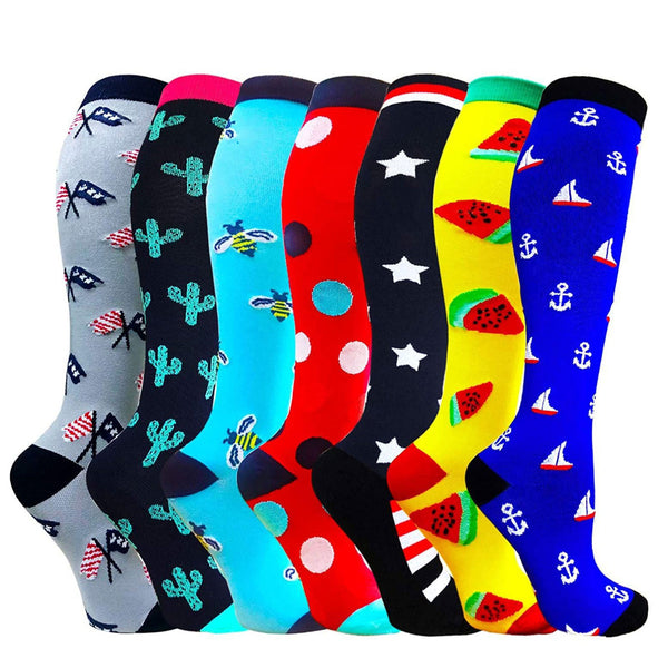 7 Pairs 20–30 mmHg Knee-High Compression Socks for Men & Women, Colorful Sports Stockings for Travel, Flights & Outdoor Hiking