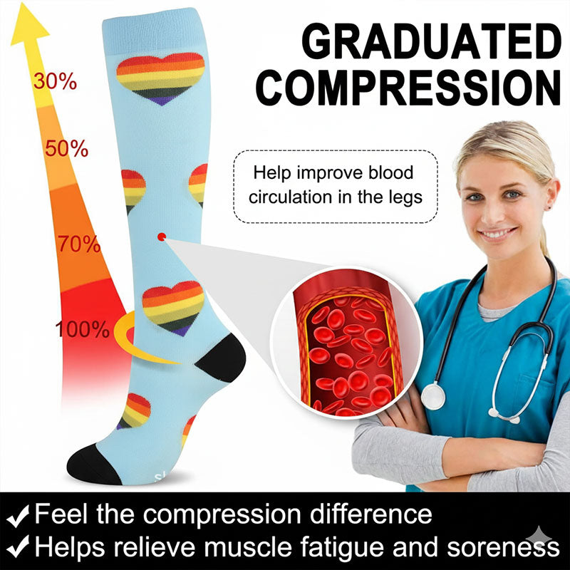 Knee-High Compression Socks Heart Pattern Sports Recovery Stockings for Women & Men