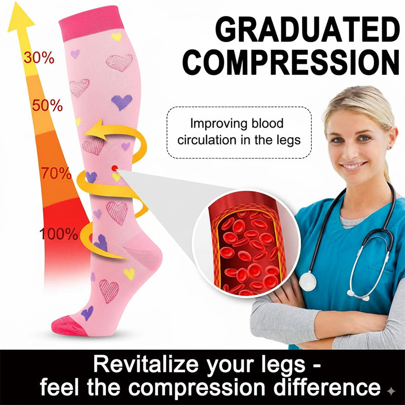Knee-High Compression Socks Pink Heart Pattern for Women Recovery, Everyday Wear and Pregnant