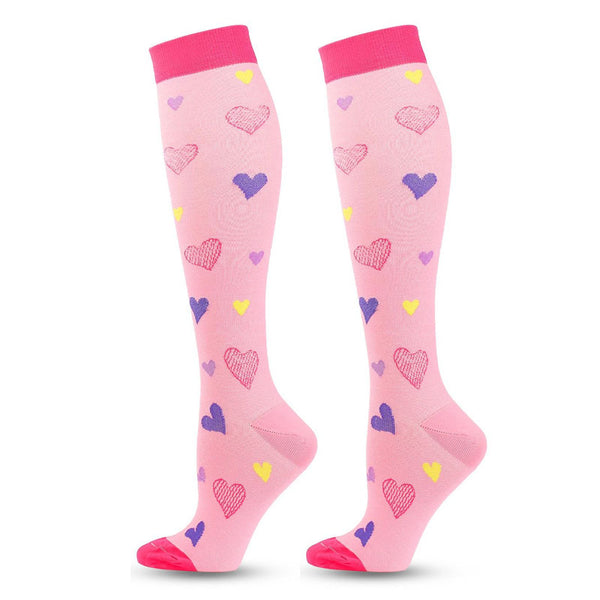 Knee-High Compression Socks Pink Heart Pattern for Women Recovery, Everyday Wear and Pregnant
