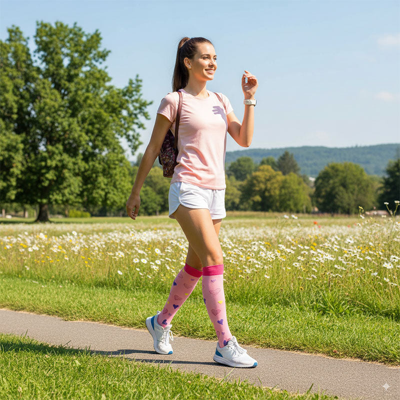Knee-High Compression Socks Pink Heart Pattern for Women Recovery, Everyday Wear and Pregnant