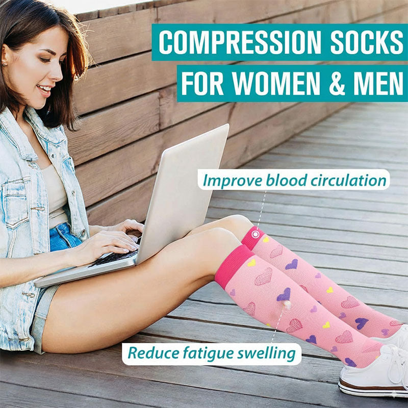 Knee-High Compression Socks Pink Heart Pattern for Women Recovery, Everyday Wear and Pregnant
