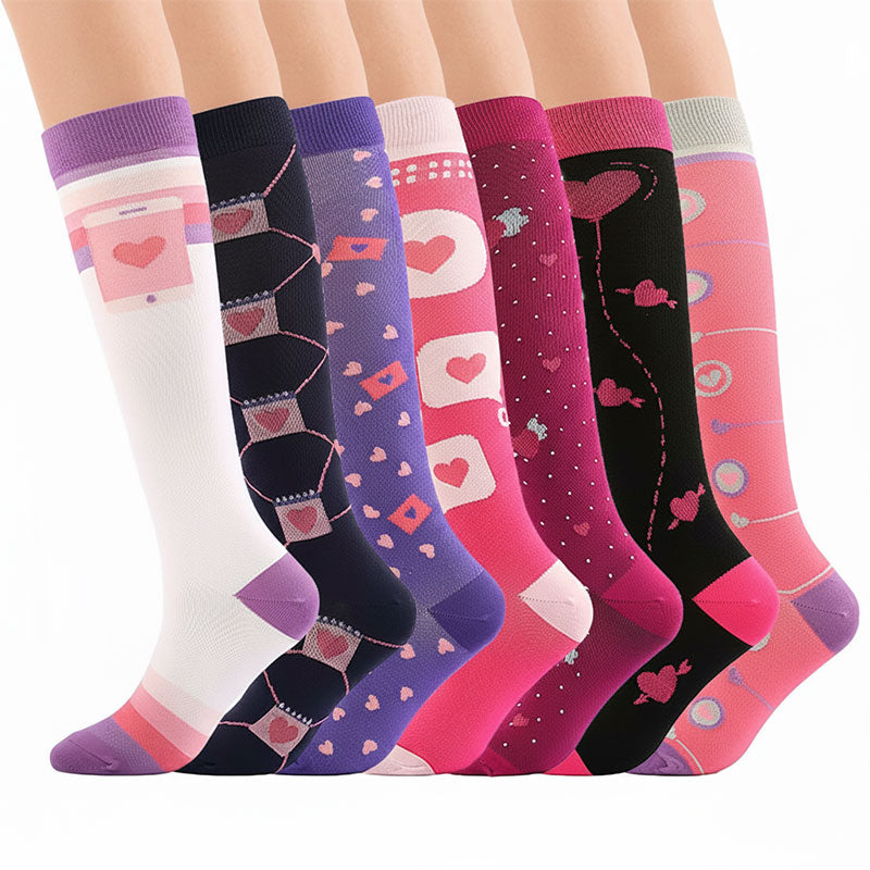 7 Pairs Knee-High Compression Socks Heart Pattern for Sports Athletic Running Cycling and Nurses Pregnant