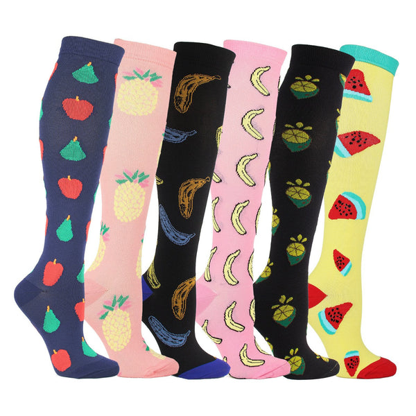 6 Pairs Knee High Compression Socks – Fruit Pattern Sports Stockings for Flight Travel, Running & Athletics