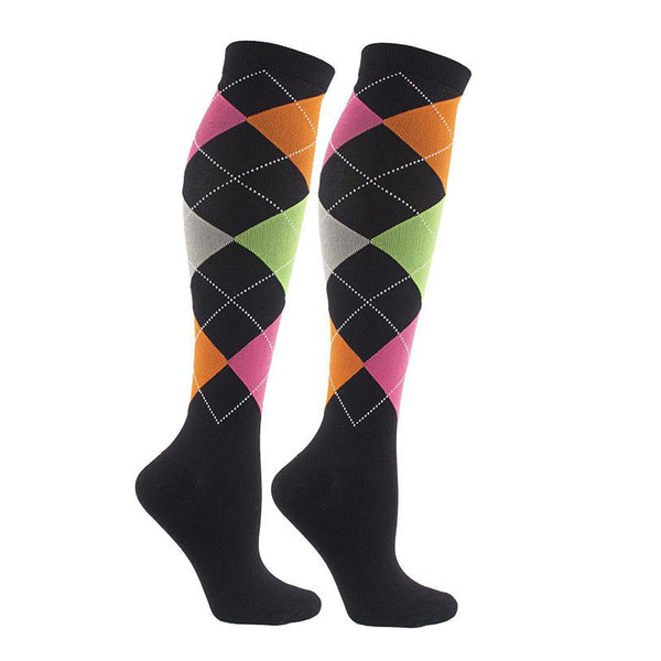 Knee-High Compression Socks for Men & Women, Lozenge Pattern Black Sports Stockings for Travel, Flights & Cycling