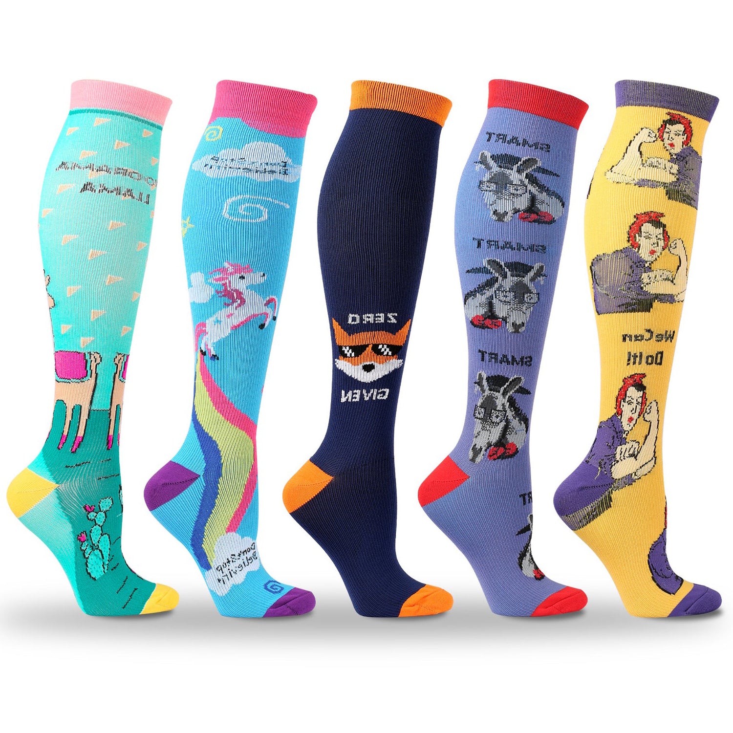 5 Pairs Knee High Compression Socks for Women – Animal Cartoon Pattern Stockings for Pregnancy, Maternity, Everyday Wear & Recovery