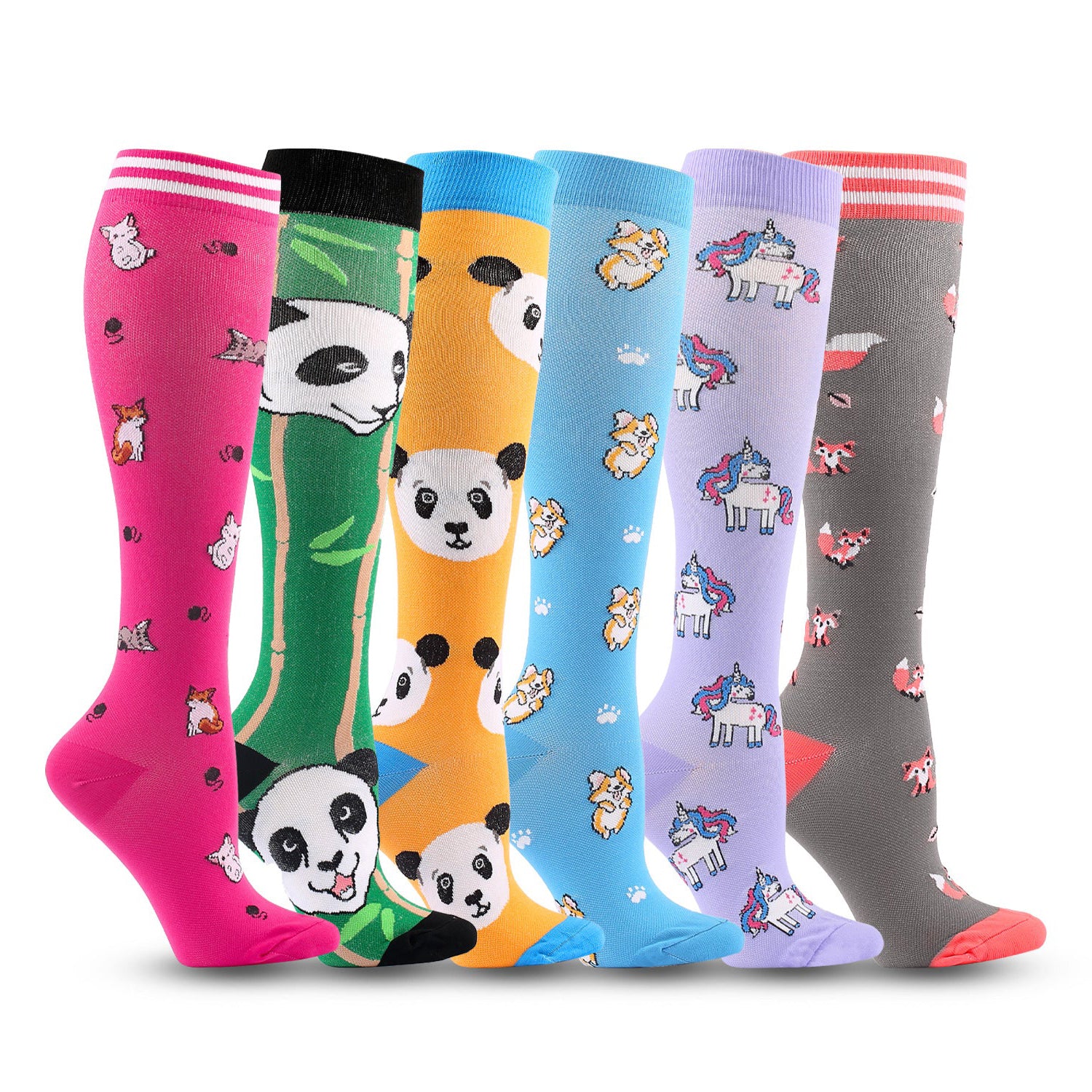 Knee High Compression Flight Socks – Animal Cartoon Pattern for Travel, Hiking & Outdoor Activities
