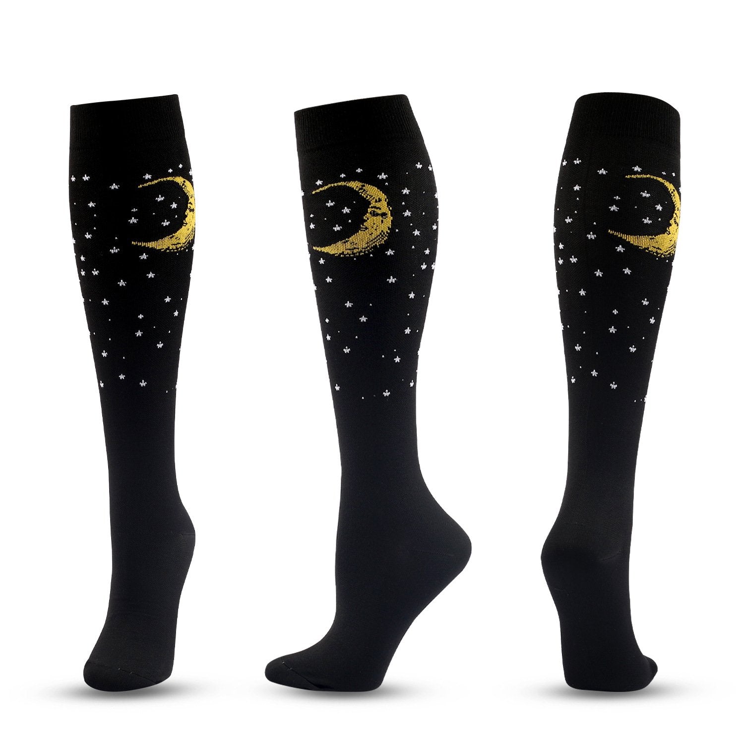 Knee-High Compression Flight Socks for Travel, Hiking & Outdoor Activities – Black Moon Pattern