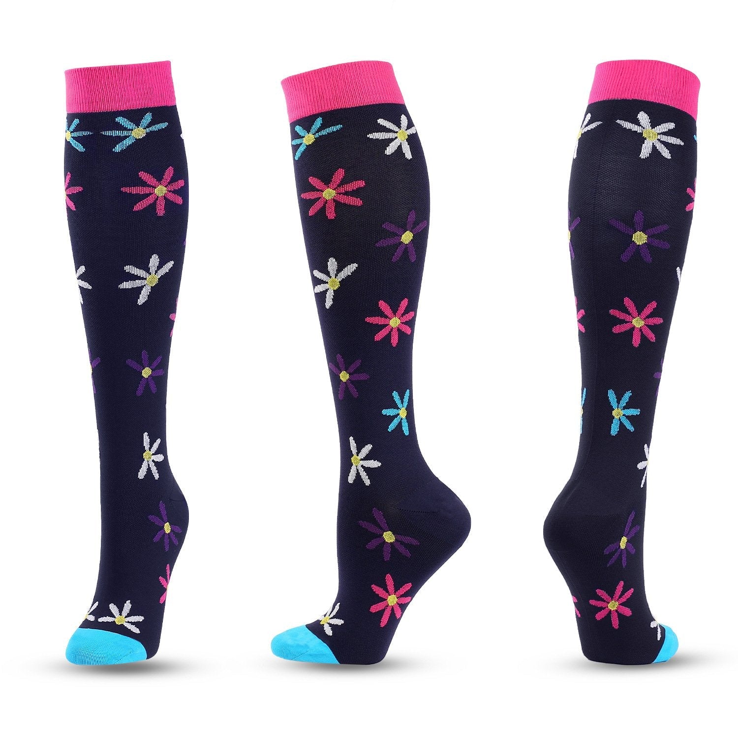 Knee-High Compression Socks for Men & Women, Black Flower Pattern Sports Stockings for Running, Hiking, Soccer & Basketball