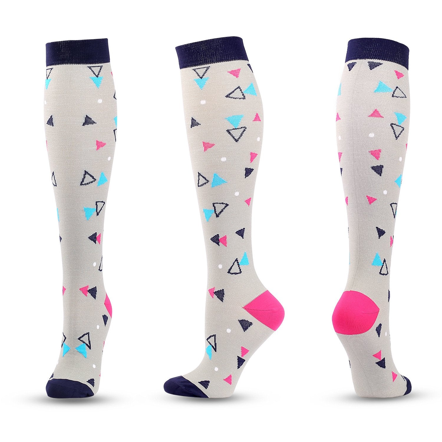 Knee-High Compression Socks for Men & Women, Triangle Pattern Gray Sports Stockings for Travel, Flight & Everyday Wear