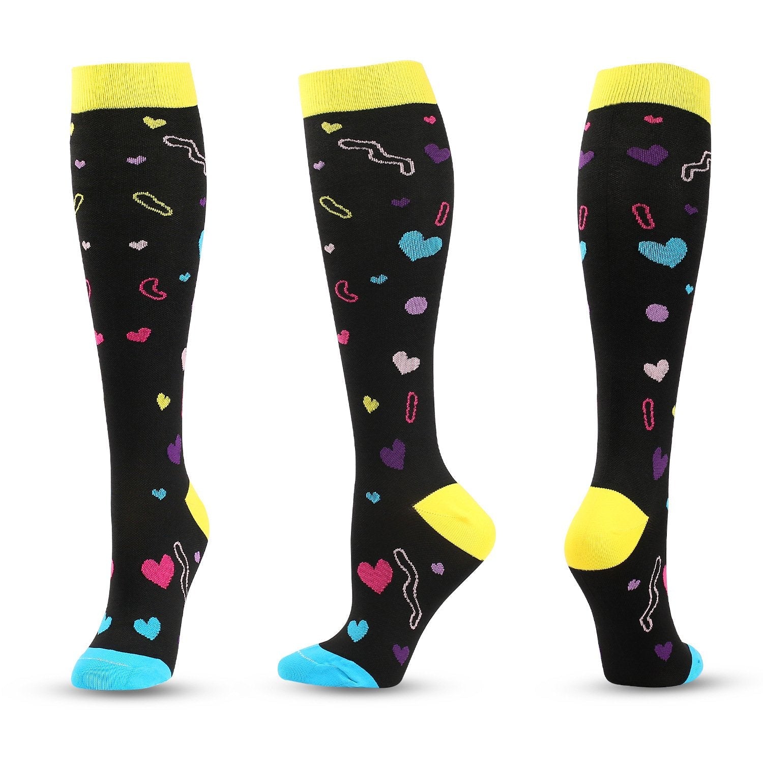 Knee-High Compression Socks for Men & Women, Black Heart Pattern Sports Stockings for Running, Hiking, Basketball