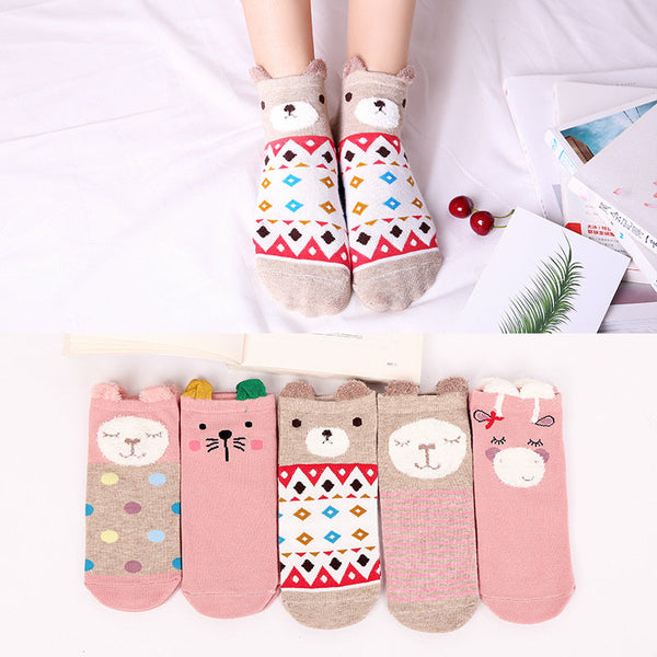 5 Pairs Womens Girls Cute Animal Casual Comfort Funny Cotton Crew Socks