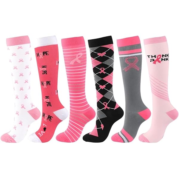 6 Pairs Pink Bowknots Compression Socks Knee-High for Women & Men Travel Flight Outdoor Hiking