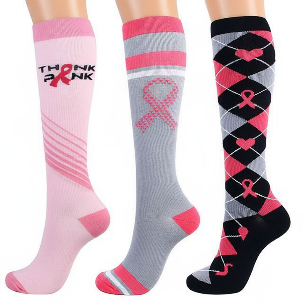 3 Pairs Pink Compression Socks for Women & Men Knee-High Graduated Stocking for Travel Flight Outdoor Hiking