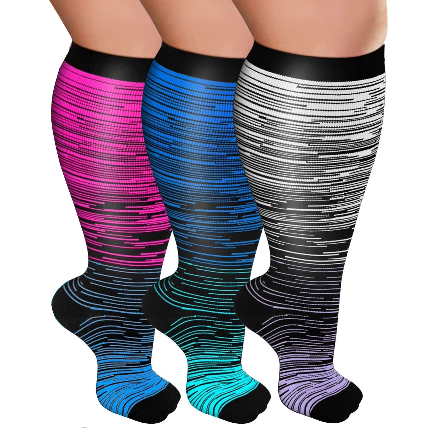 3 Pairs Plus Size Compression Socks for Men & Women, Wide Calf Knee High Support Socks for Running, Travel & Nursing