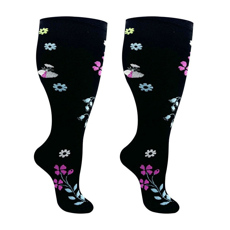 3 Pairs Wide Calf Compression Socks – Flowers Pattern Plus Size Knee-H ...