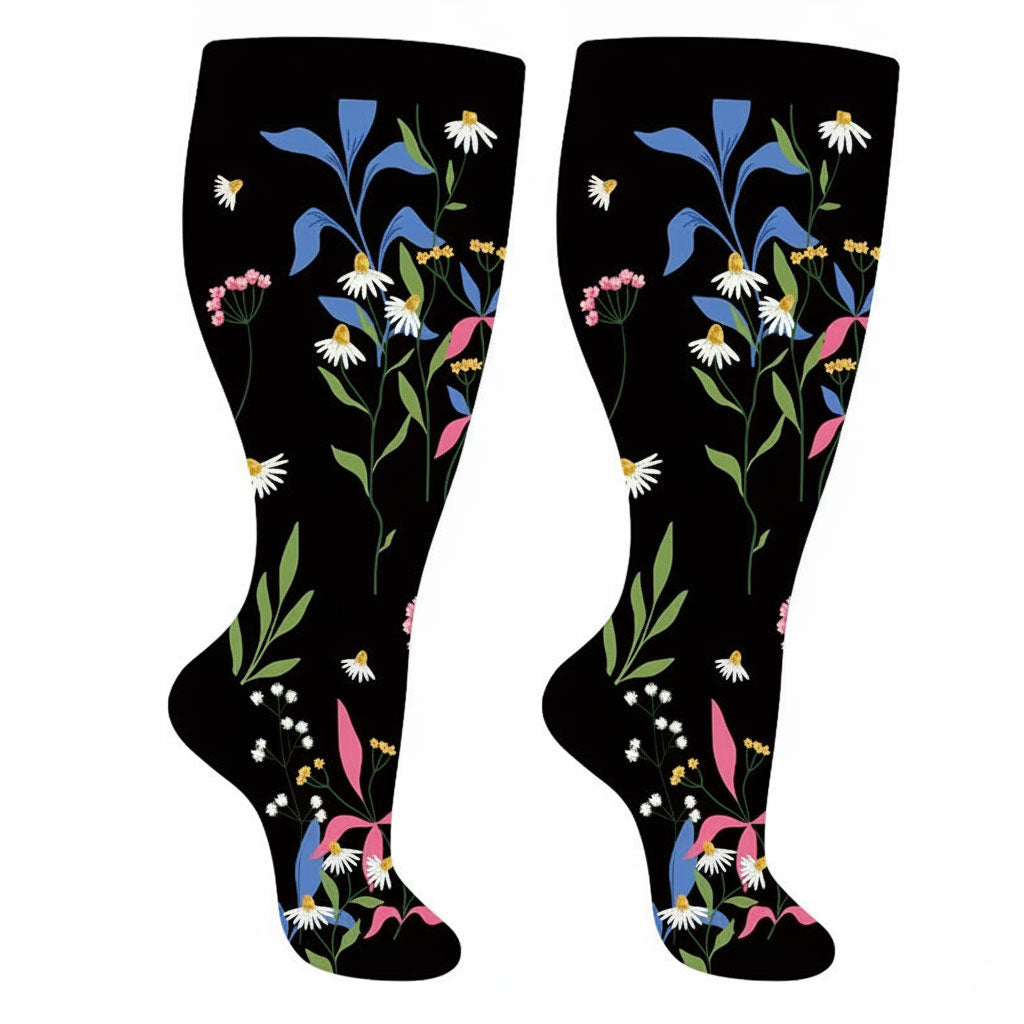 3 Pairs Wide Calf Compression Socks – Flowers Pattern Plus Size Knee-H ...