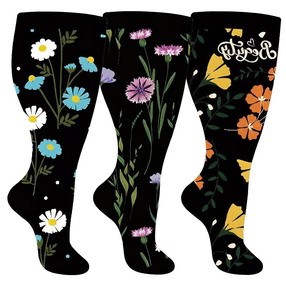 3 Pairs Wide Calf Compression Socks – Flowers Pattern Plus Size Knee-H ...