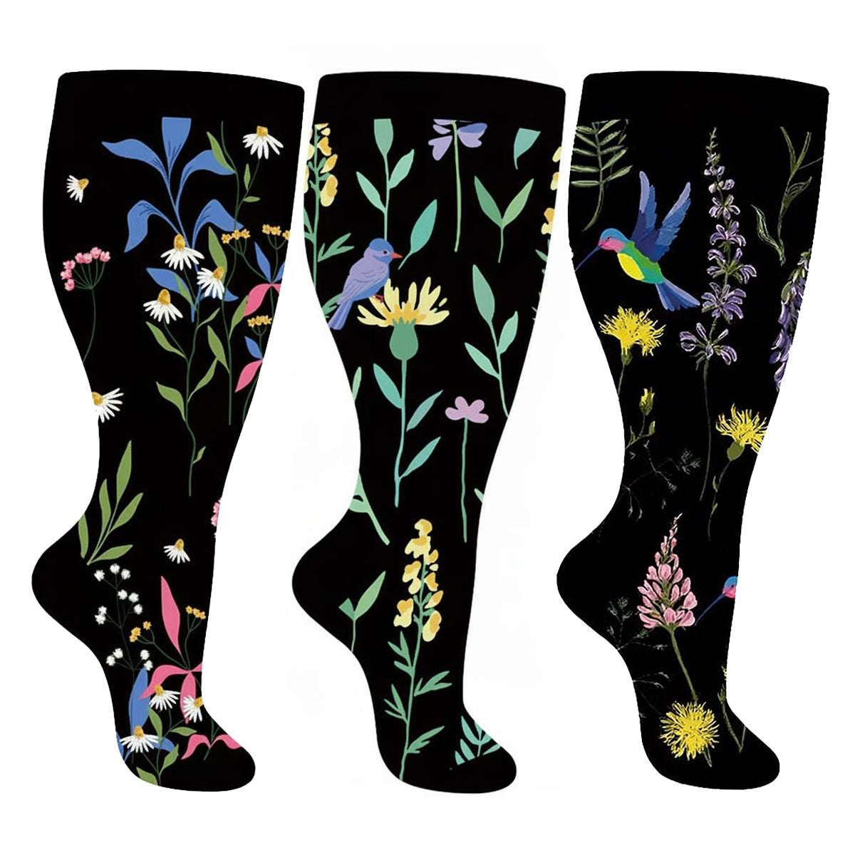 3 Pairs Wide Calf Compression Socks – Flowers Pattern Plus Size Knee-H ...