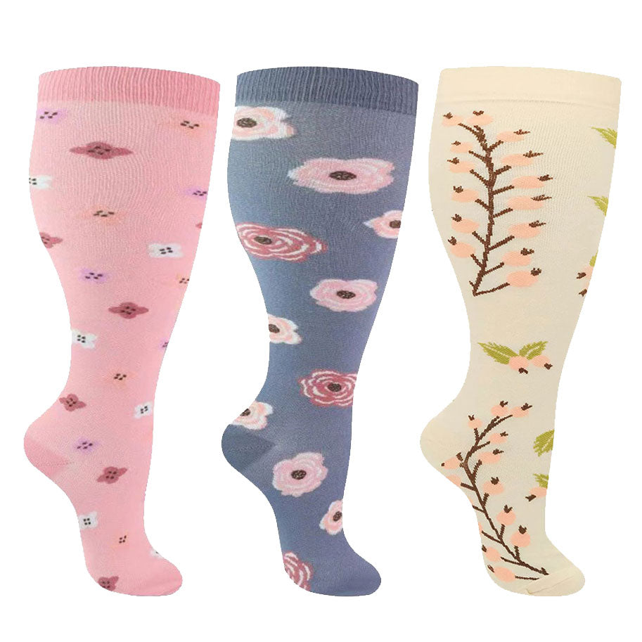 3 Pairs Wide Calf Compression Socks – Flowers Pattern Plus Size Knee-H ...