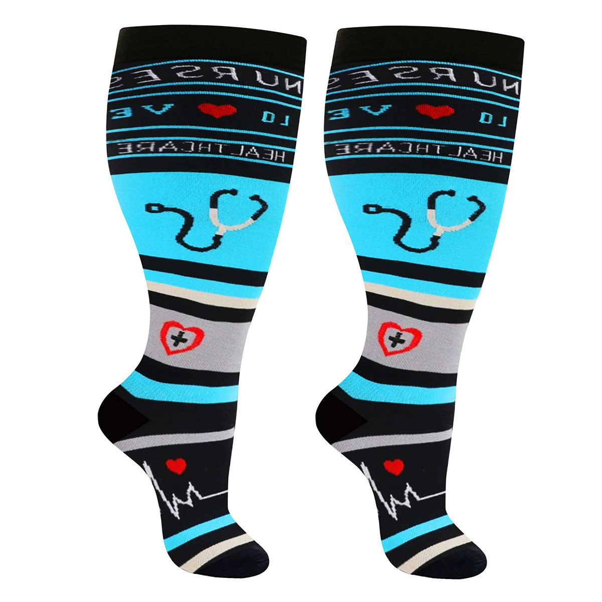 Wide Calf Compression Socks – Heart Graphics Plus Size Knee-High Suppo ...