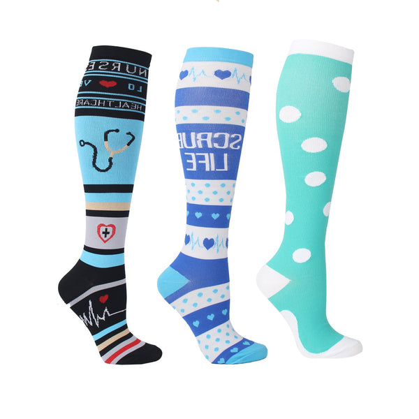 3 Pairs Knee High Compression Socks for Women & Men – Stethoscope Pattern Support Stockings for Nursing, Running & Sports