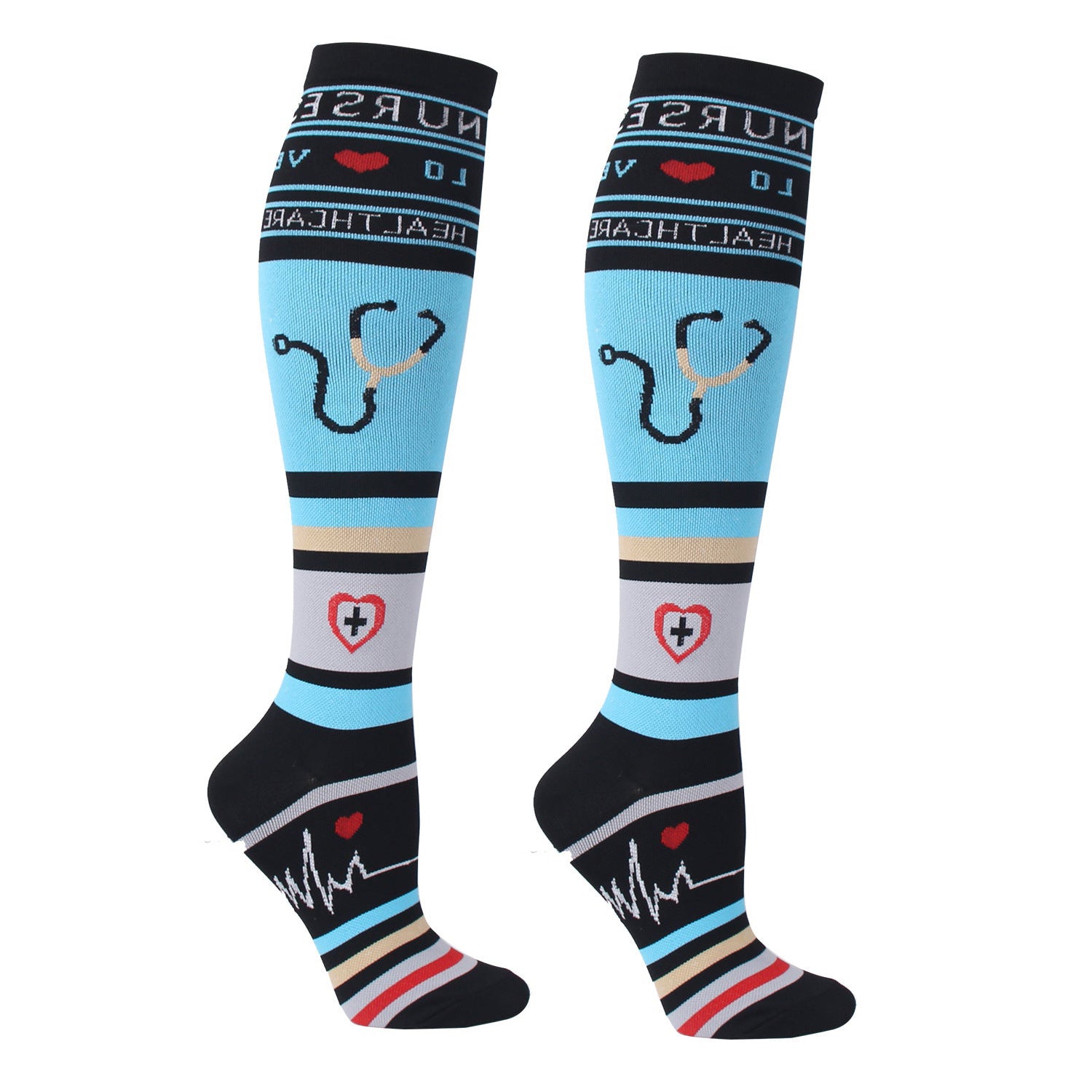 Knee High Compression Socks for Women & Men – Stethoscope Pattern Support Stockings for Nursing, Running & Sports
