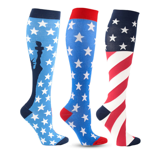3 Pairs Knee High Compression Socks for Women & Men – US Flag Pattern Sports Stockings for Nursing, Running & Fitness