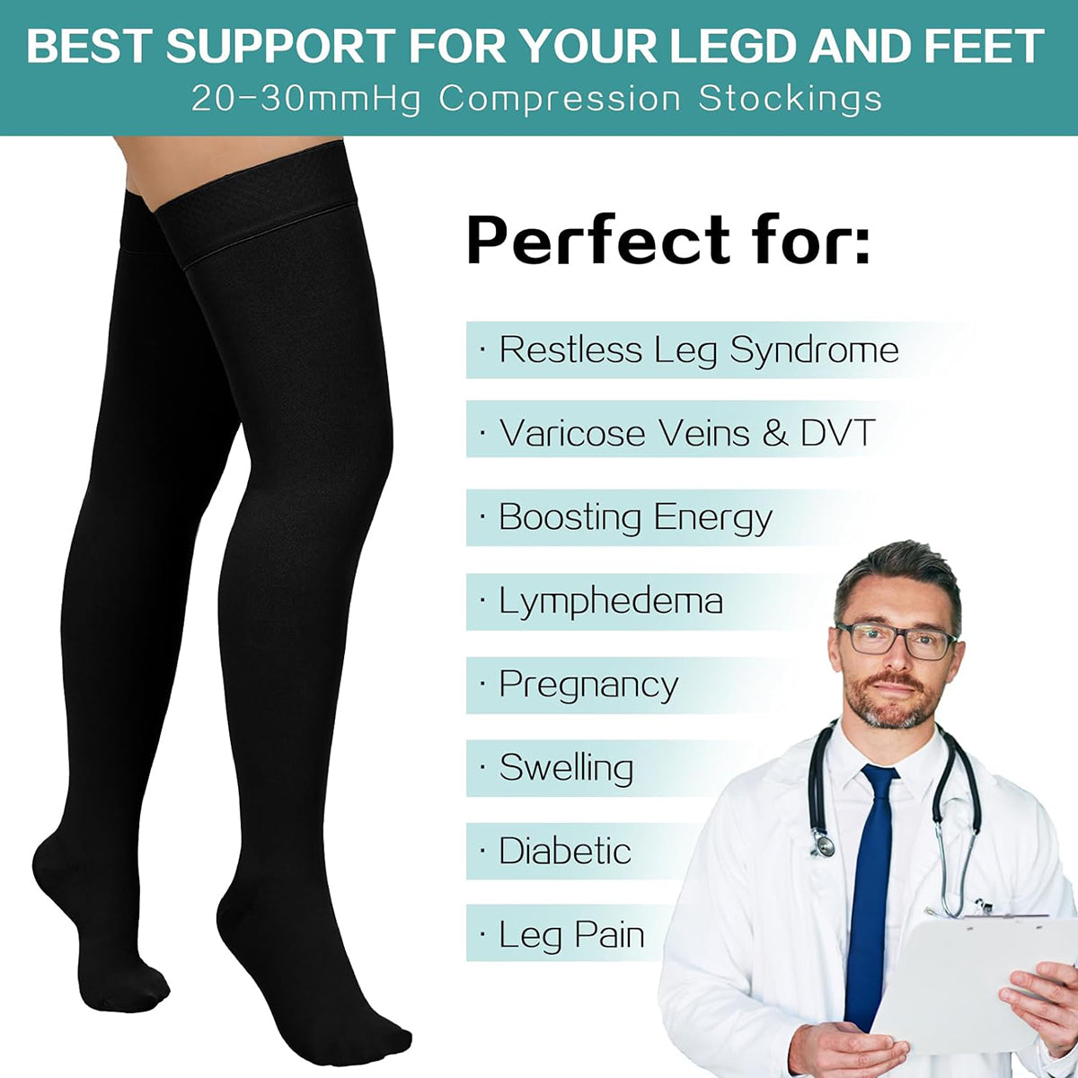 Thigh High Compression Socks 20-30 mmHg – Firm Support Stockings for Women & Men