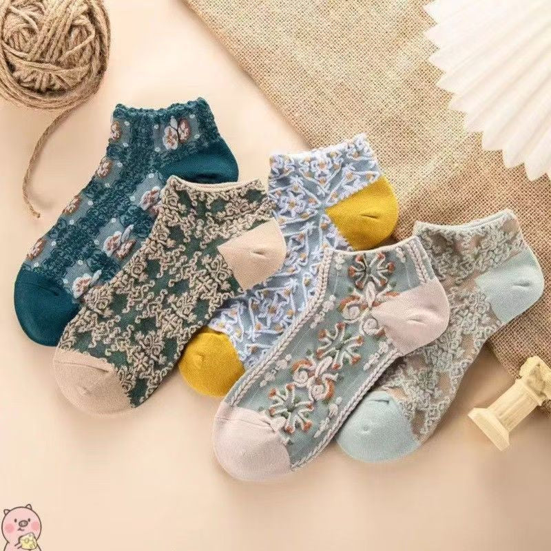 5pcs Women's Vintage Floral Ankle Socks