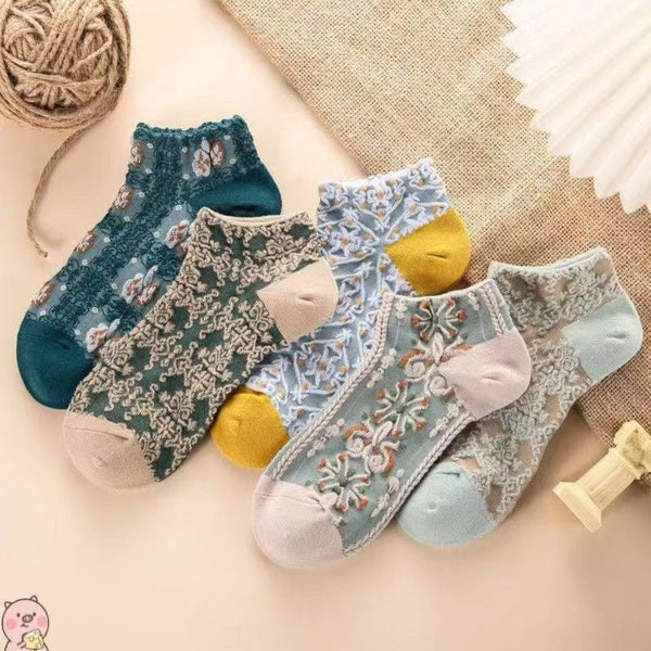 5pcs Women's Vintage Floral Ankle Socks