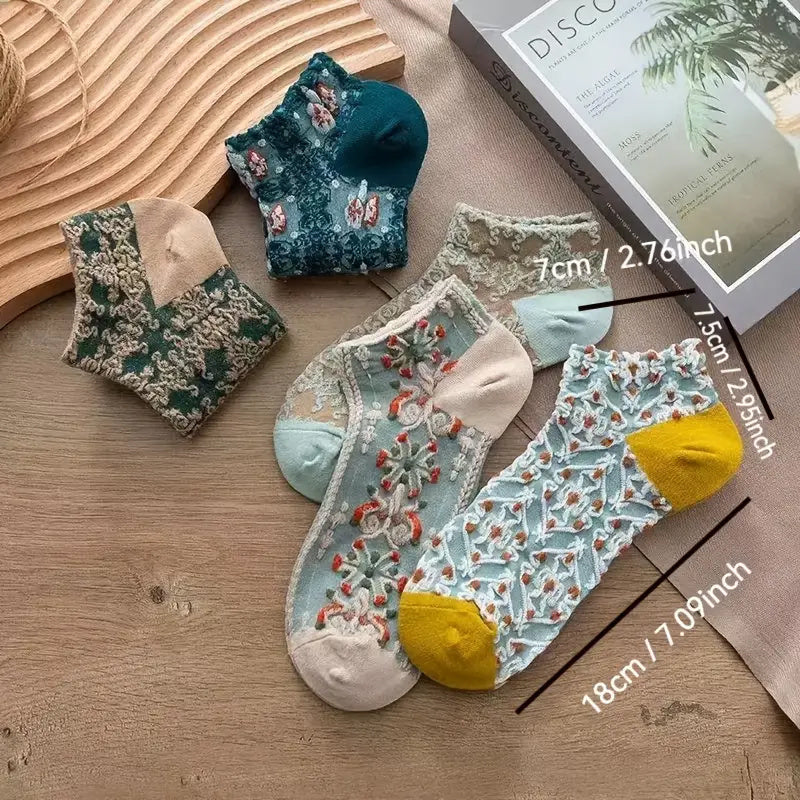 5pcs Women's Vintage Floral Ankle Socks