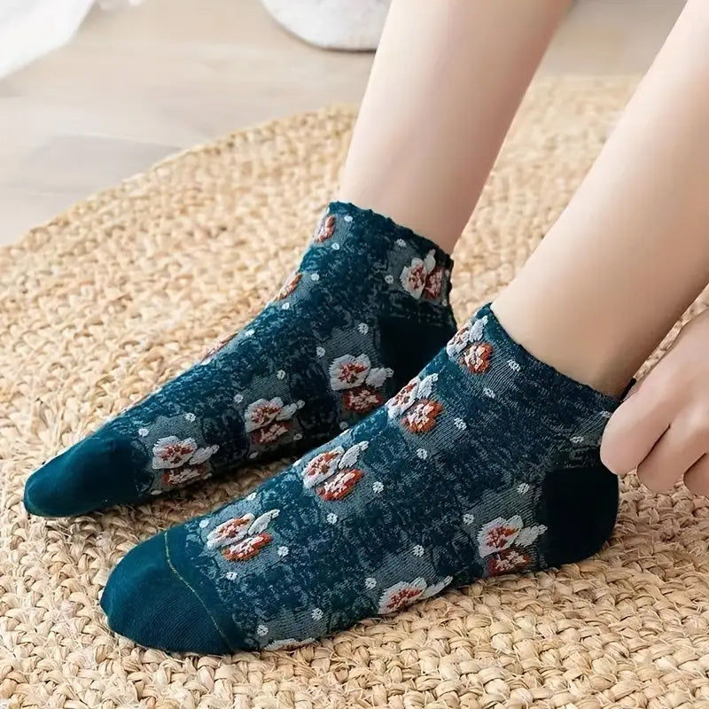 5pcs Women's Vintage Floral Ankle Socks