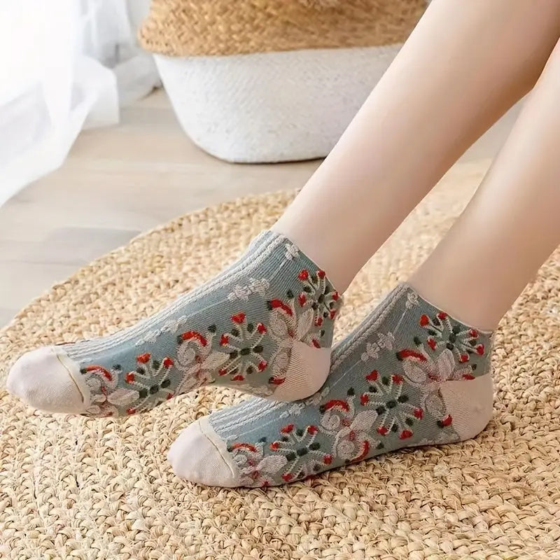5pcs Women's Vintage Floral Ankle Socks