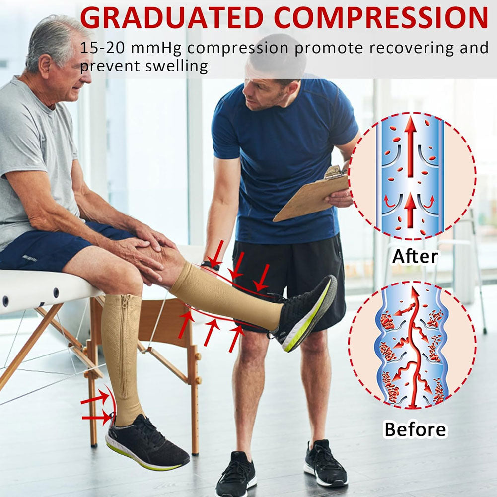 15-20 mmHg Zipper Open Toe Compression Socks for Men & Women - Calf Support Stockings