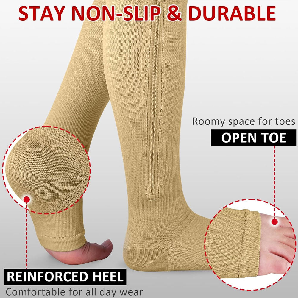 15-20 mmHg Zipper Open Toe Compression Socks for Men & Women - Calf Support Stockings