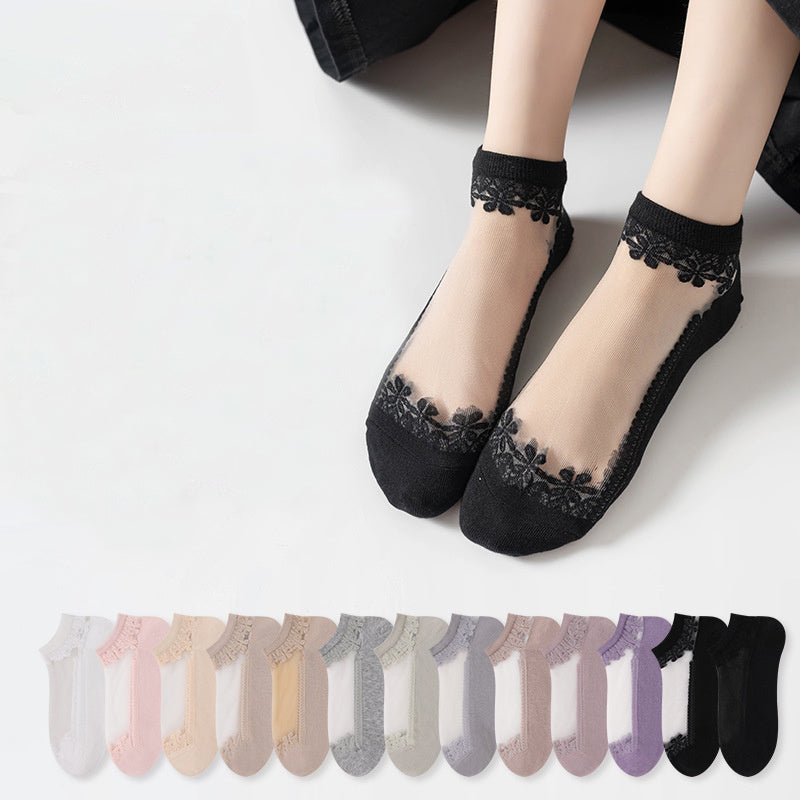5Pcs Women’s Sheer Crystal Glass Breathable Ankle Socks