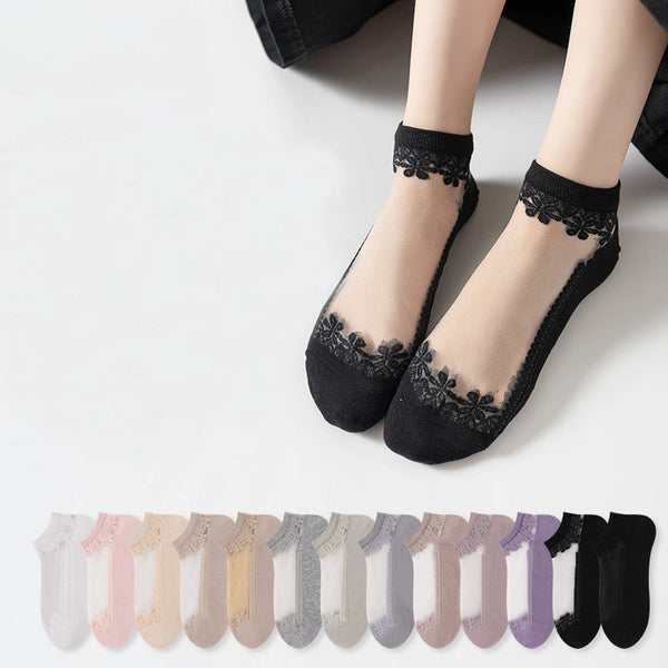 5Pcs Women’s Sheer Crystal Glass Breathable Ankle Socks