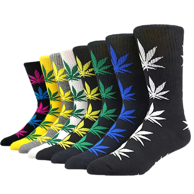 Weed Leaf Printed Cotton Crew Boot Scoks Maple Leaf Athletic Hiking Socks
