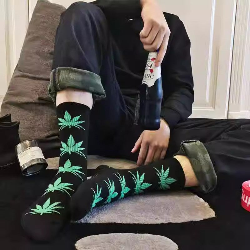 Weed Leaf Printed Cotton Crew Boot Scoks Maple Leaf Athletic Hiking Socks