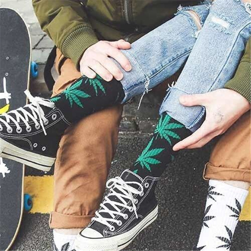 Weed Leaf Printed Cotton Crew Boot Scoks Maple Leaf Athletic Hiking Socks