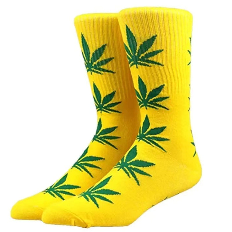 Weed Leaf Printed Cotton Crew Boot Scoks Maple Leaf Athletic Hiking Socks