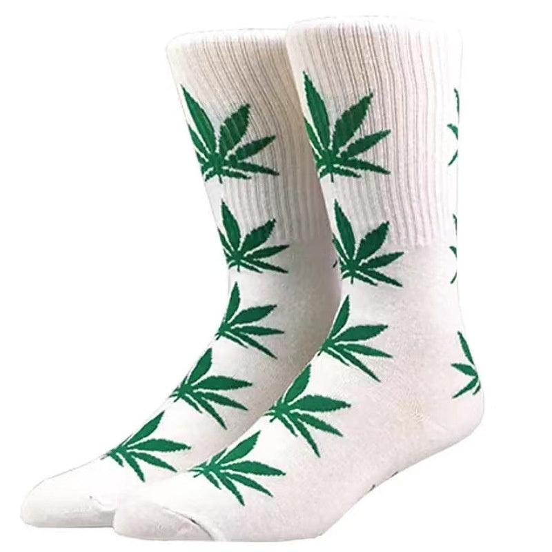 Weed Leaf Printed Cotton Crew Boot Scoks Maple Leaf Athletic Hiking Socks