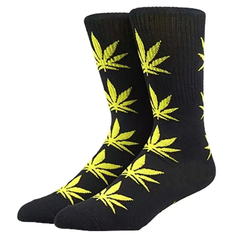 Weed Leaf Printed Cotton Crew Boot Scoks Maple Leaf Athletic Hiking Socks