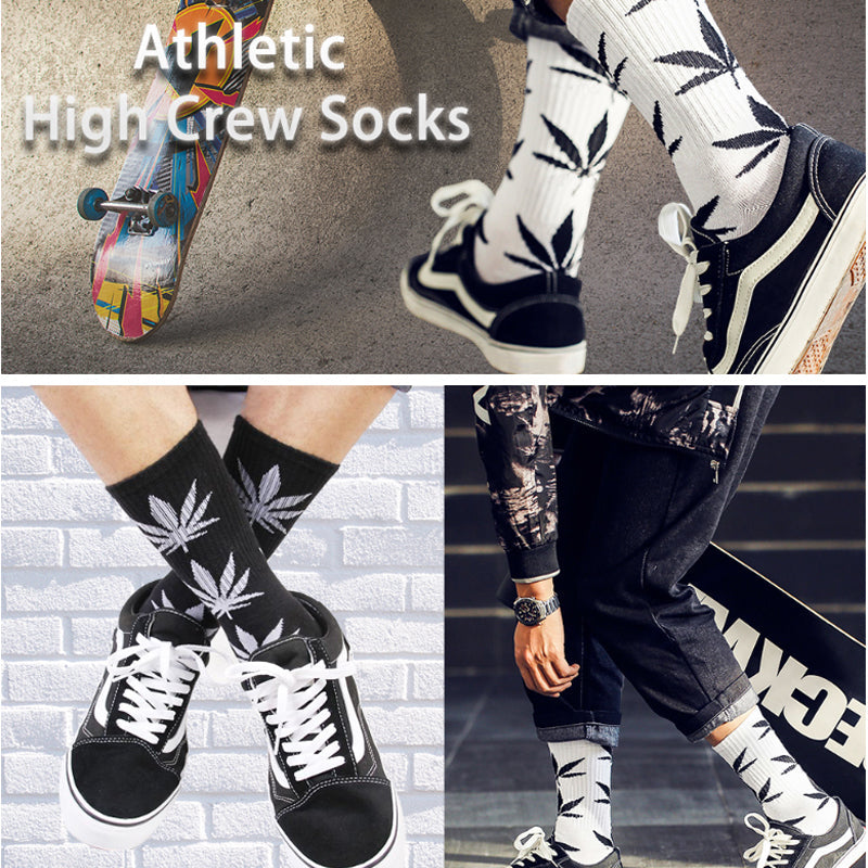 Weed Leaf Printed Cotton Crew Boot Scoks Maple Leaf Athletic Hiking Socks