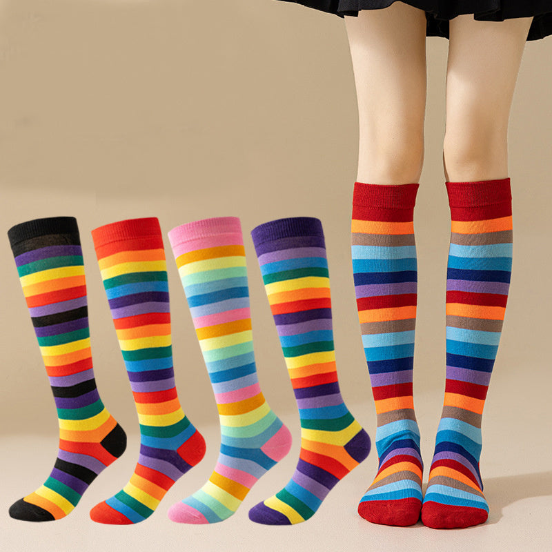 Rainbow Striped Crew Rainbow Knee High Cosplay Socks