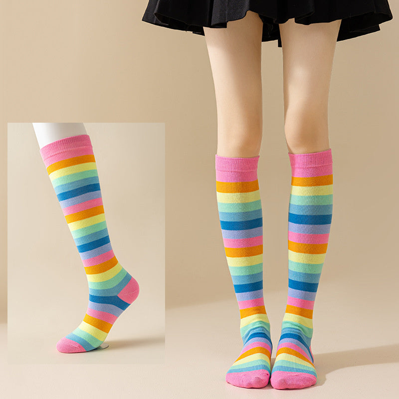 Rainbow Striped Crew Rainbow Knee High Cosplay Socks